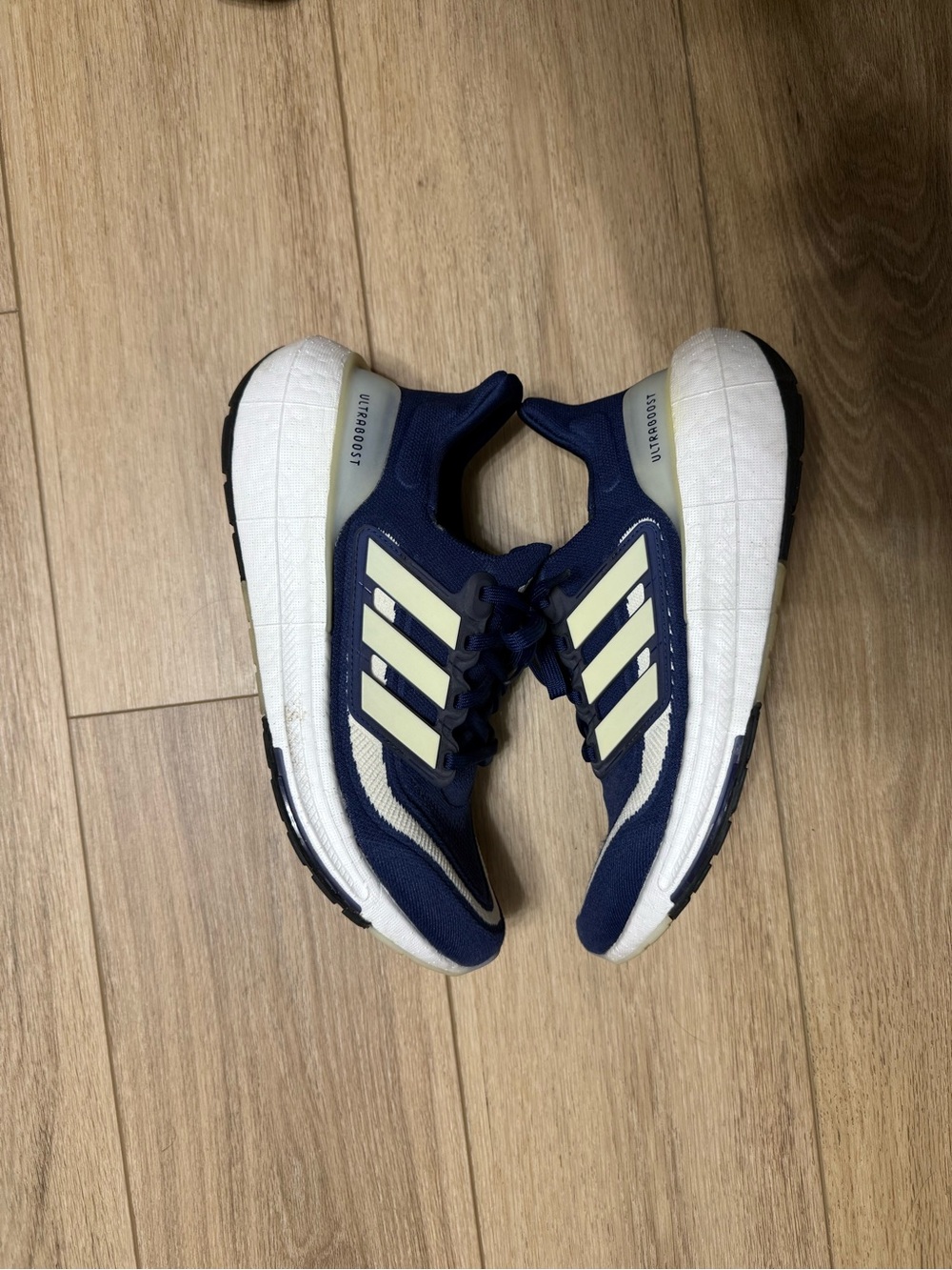 adidas  Ultra boost Navy and White Running Sneakers with Cream Stripes